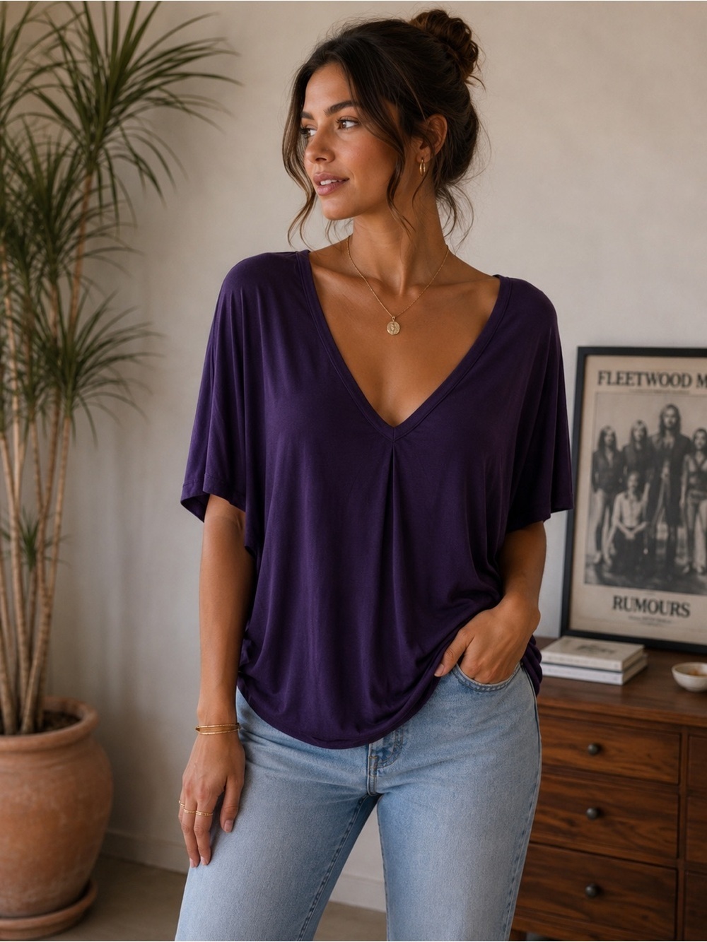 Wilfred Deep Purple V-Neck Batwing Blouse Size XS Minimalist Flowy Casual
